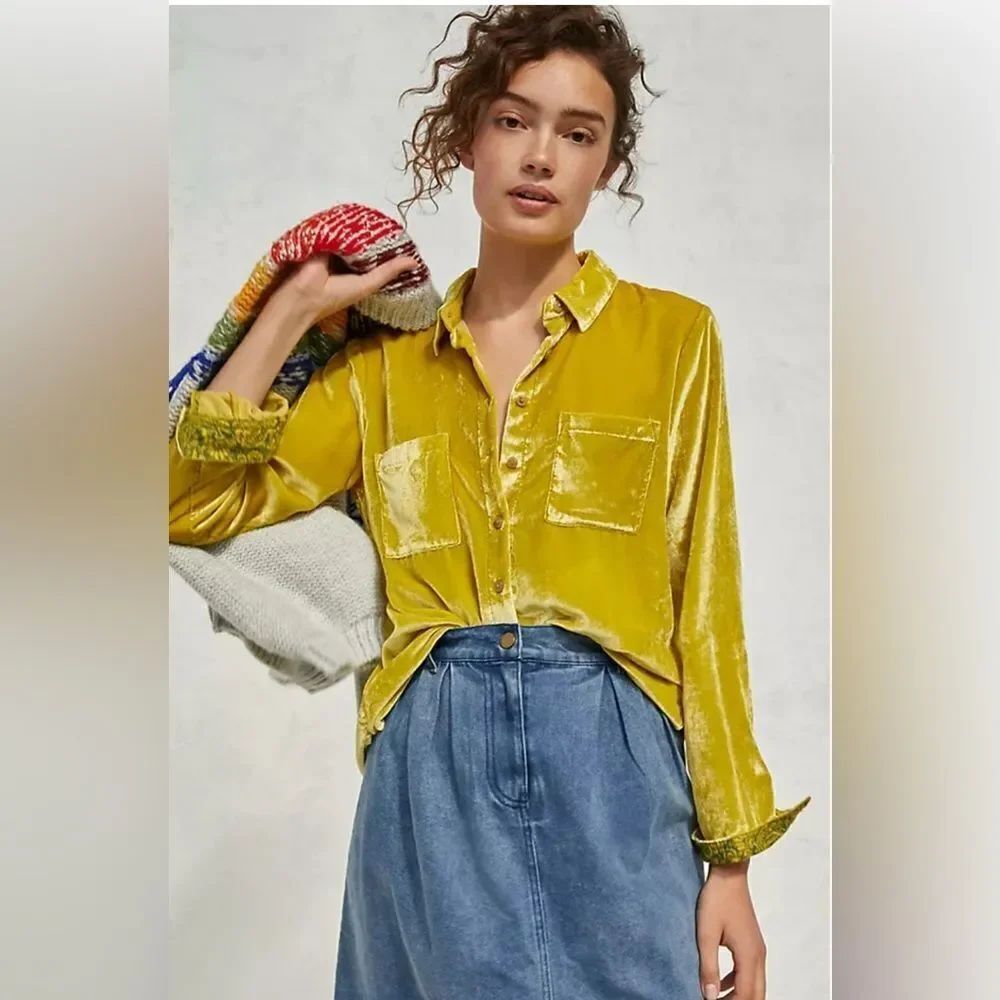 Anthropologie Maeve Velvet Button-Up Shirt in chartreuse. 0